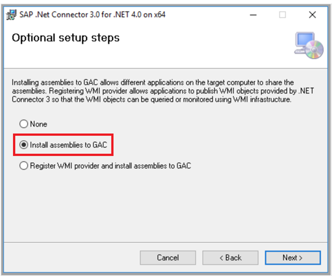 SAP .NET Connector 3.0 インストール ダイアログのスクリーンショット。