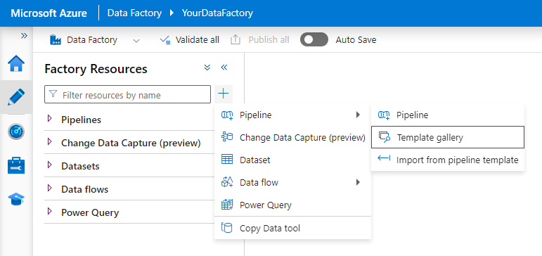 Azure Data Factory Studio [作成者] タブからテンプレート ギャラリーを開くスクリーンショット。