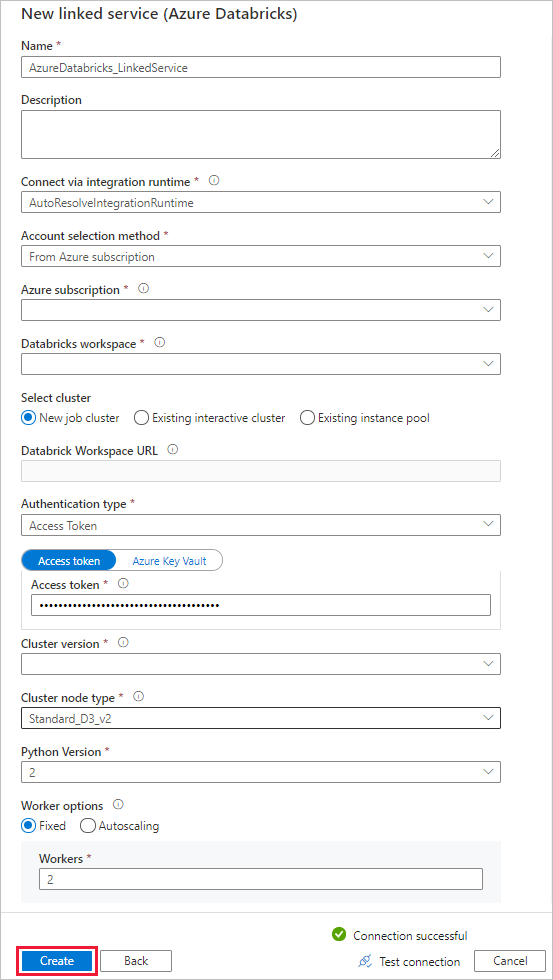 新しい Azure Databricks のリンク サービスの構成を示すスクリーンショット。