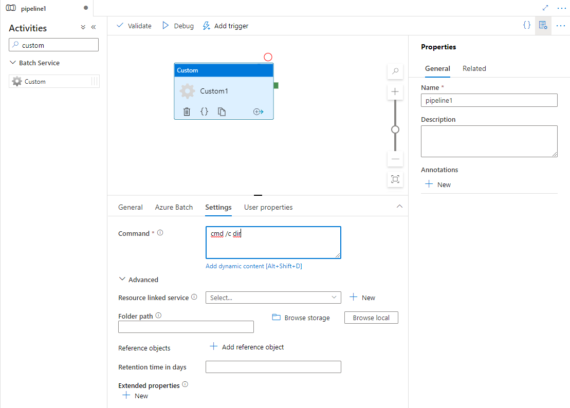 カスタム アクティビティの [設定] タブの UI を表示。