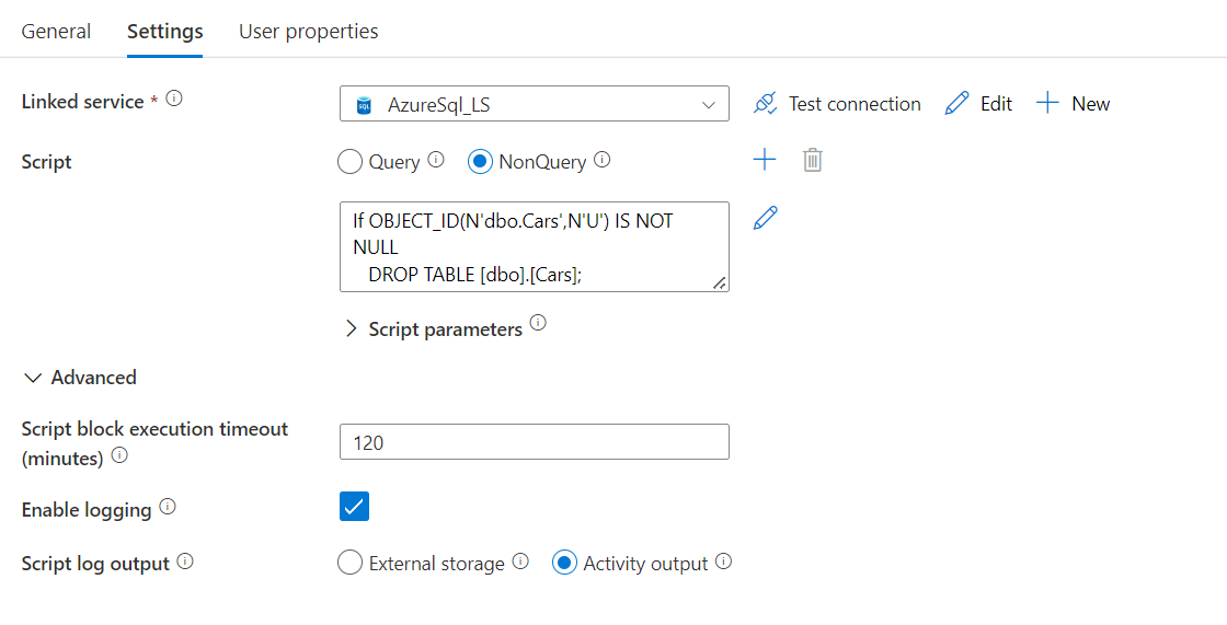 インライン スクリプトを構成するための UI を示すスクリーンショット。