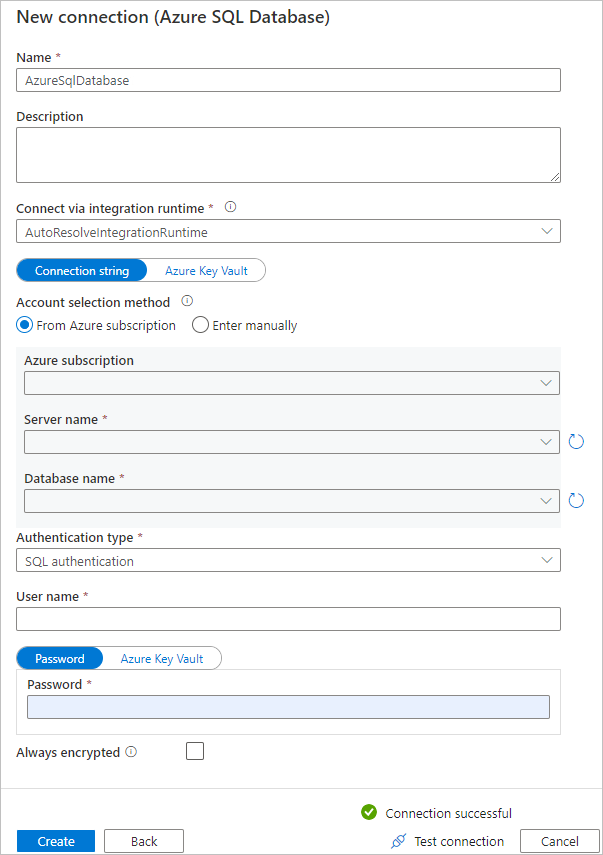 Azure SQL Database を構成するページのスクリーンショット。