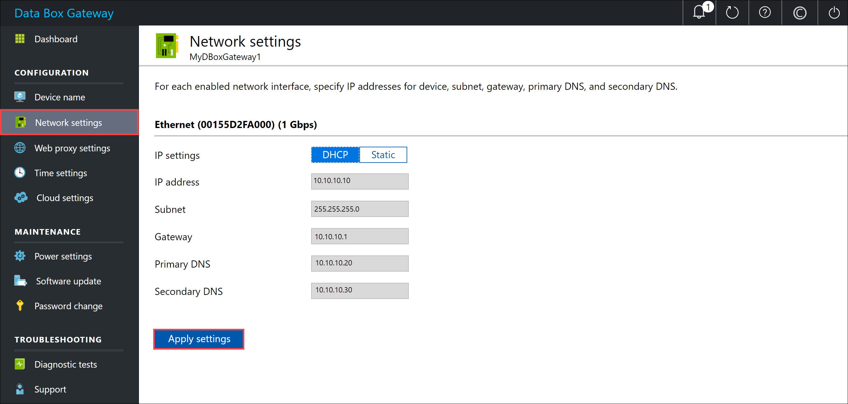 ローカル Web UI の [ネットワーク設定] ページ