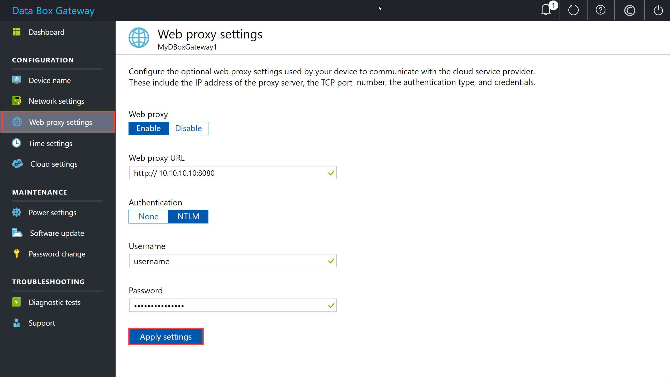 ローカル Web UI の [Web proxy settings] (Web プロキシ設定) ページ