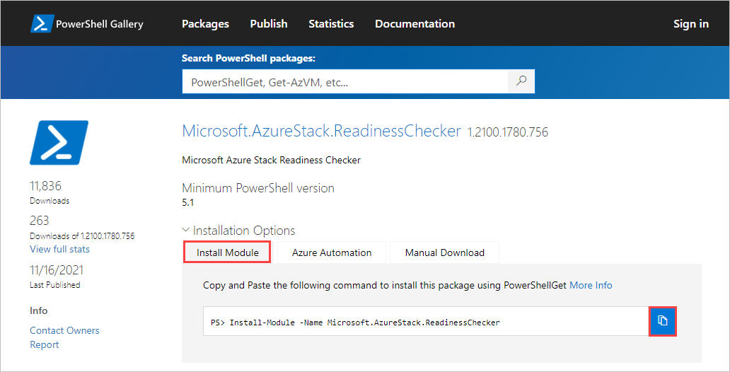 Azure Stack Edge ネットワーク準備チェッカー ツールのダウンロード ページを示すスクリーンショット。[モジュールのインストール] タブと [コピー] アイコンが強調表示されています。