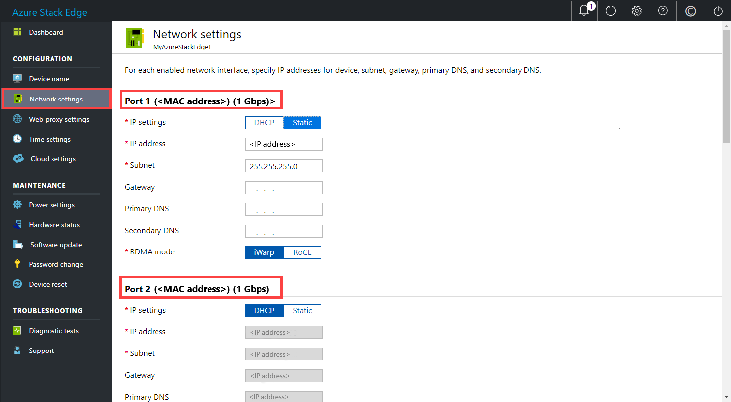 ローカル Web UI の [ネットワーク設定] ページ