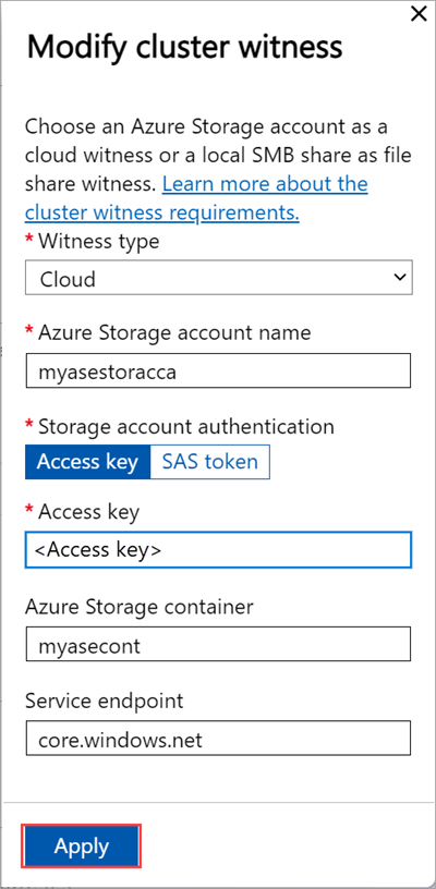 1 つ目のノード上の [Modify cluster witness](クラスター監視の変更) ブレードでクラウドの監視の種類が選択されたローカル Web UI の [クラスター] ページ