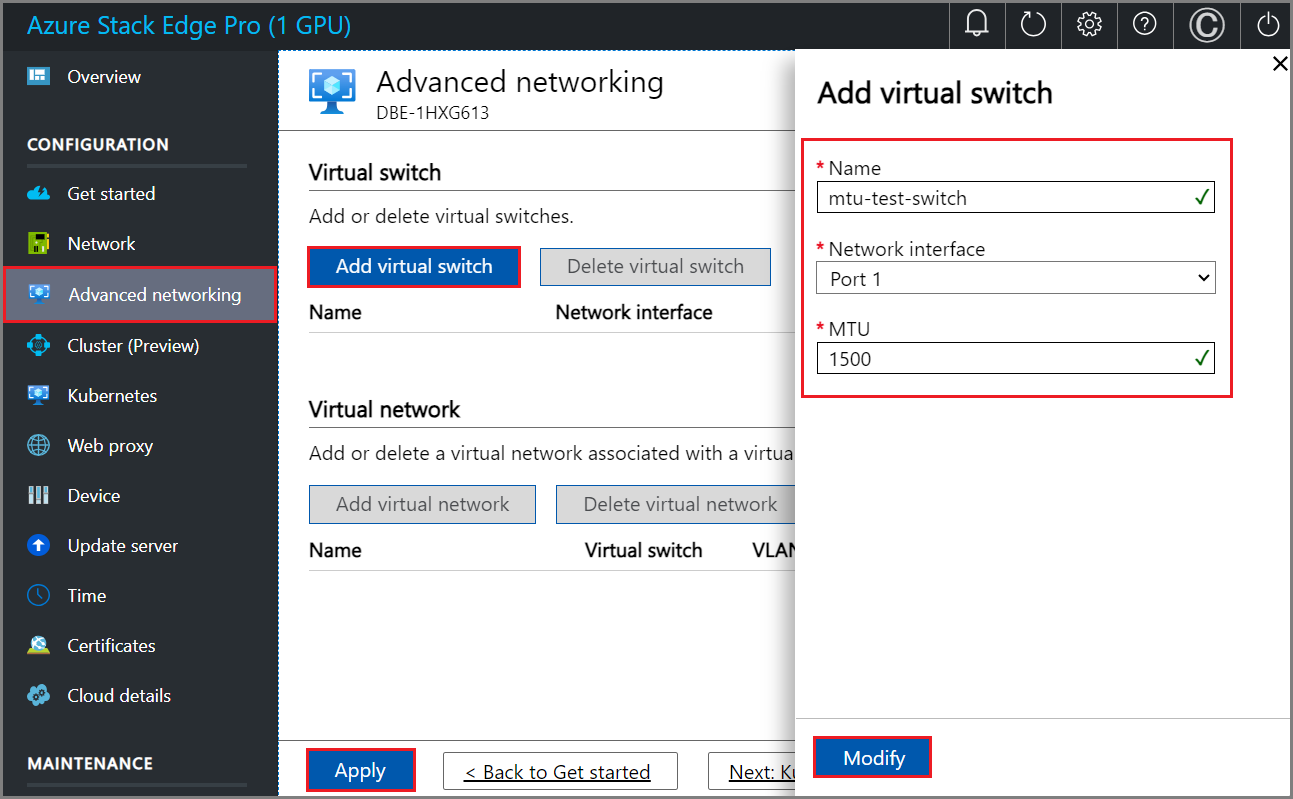 ローカル UI の [高度なネットワーク] ページにおける仮想スイッチ設定の追加のスクリーンショット。