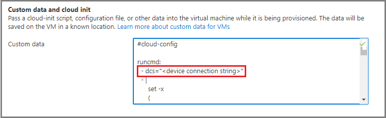 Azure portal にある VM 構成のカスタム データ フィールドのスクリーンショット。