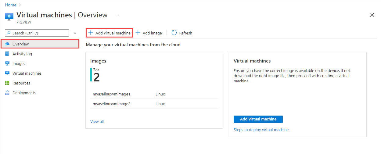 Azure Stack Edge デバイスの [仮想マシン] の [概要] ペインを示すスクリーンショット。[+ 仮想マシンの追加] ボタンが強調表示されています。