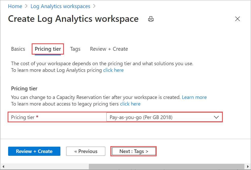 Log Analytics ワークスペースの [価格] タブ