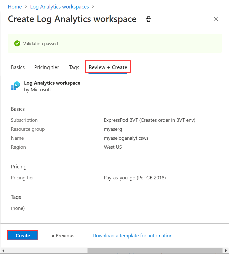 Log Analytics ワークスペースの [確認と作成]