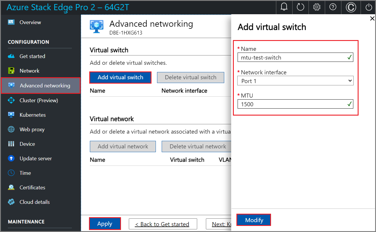 ローカル UI の [高度なネットワーク] ページの [仮想スイッチの追加] 設定のスクリーンショット。