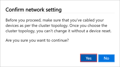 ローカル Web UI の [Confirm network setting] (ネットワーク設定の確認) ダイアログのスクリーンショット。