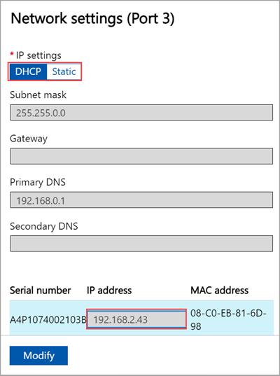 Azure Stack Edge デバイスのローカル Web UI の [ポート 3] ネットワーク設定のスクリーンショット。