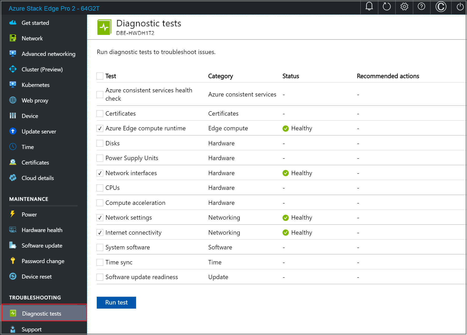 Azure Stack Edge デバイスのローカル Web UI の [Diagnostic tests results] (診断テスト結果) ページのスクリーンショット。