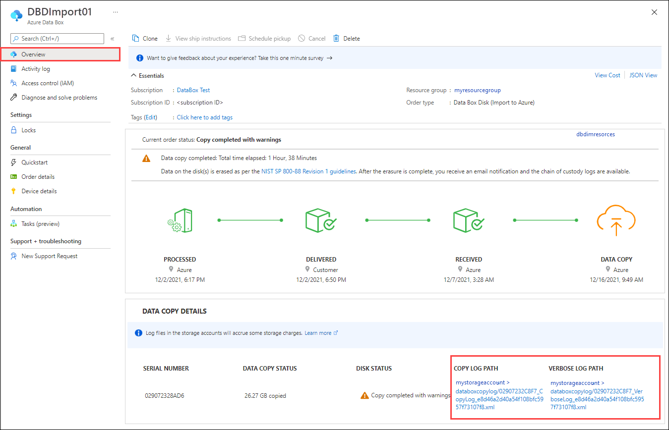 Screenshot of the Overview pane for a Data Box Disk order with Copy Completed With Warnings status. A Copy Log Path and Verbose Log Path are highlighted.