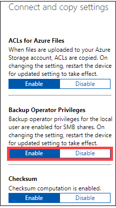 [Backup operator privileges] (バックアップ オペレーターの特権) のスクリーンショット。