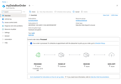 処理済みの Data Box の注文を示すスクリーンショット。