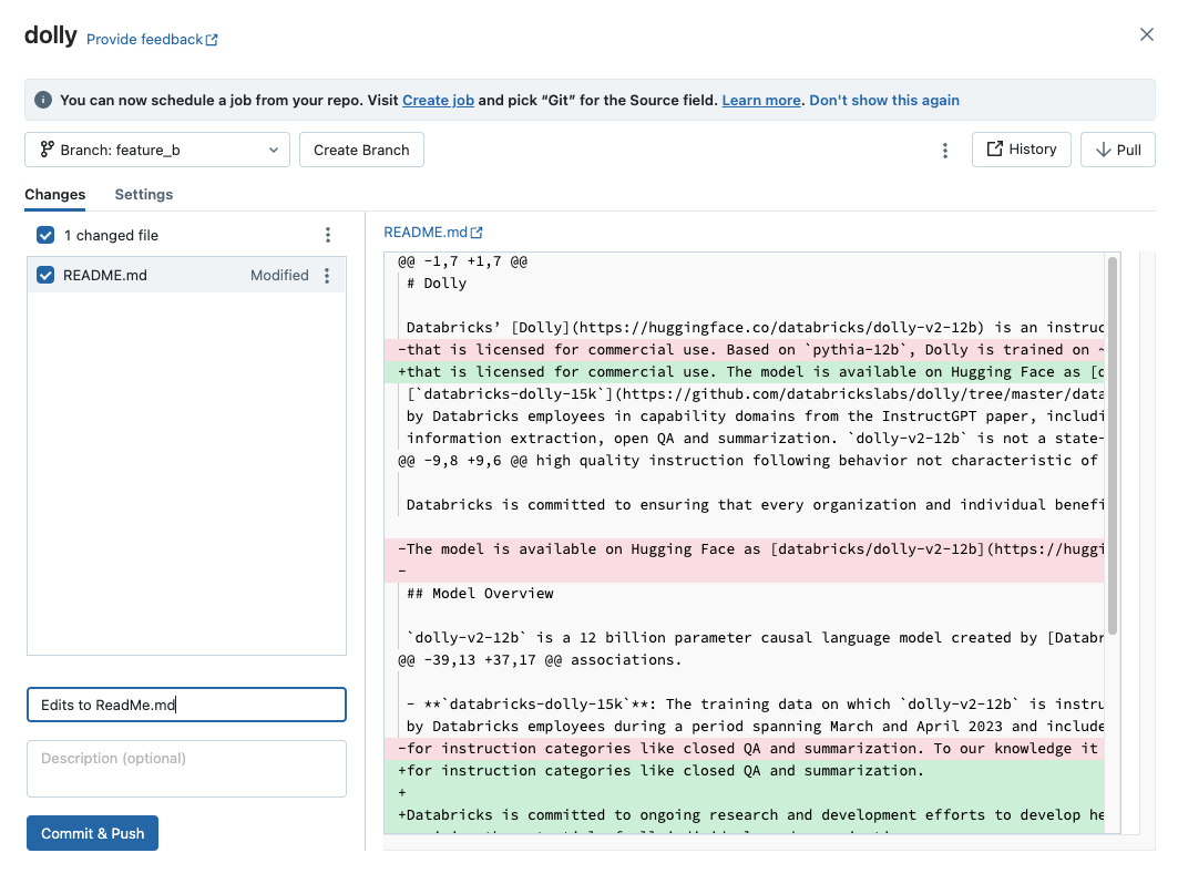 変更が強調表示された Git ダイアログ。