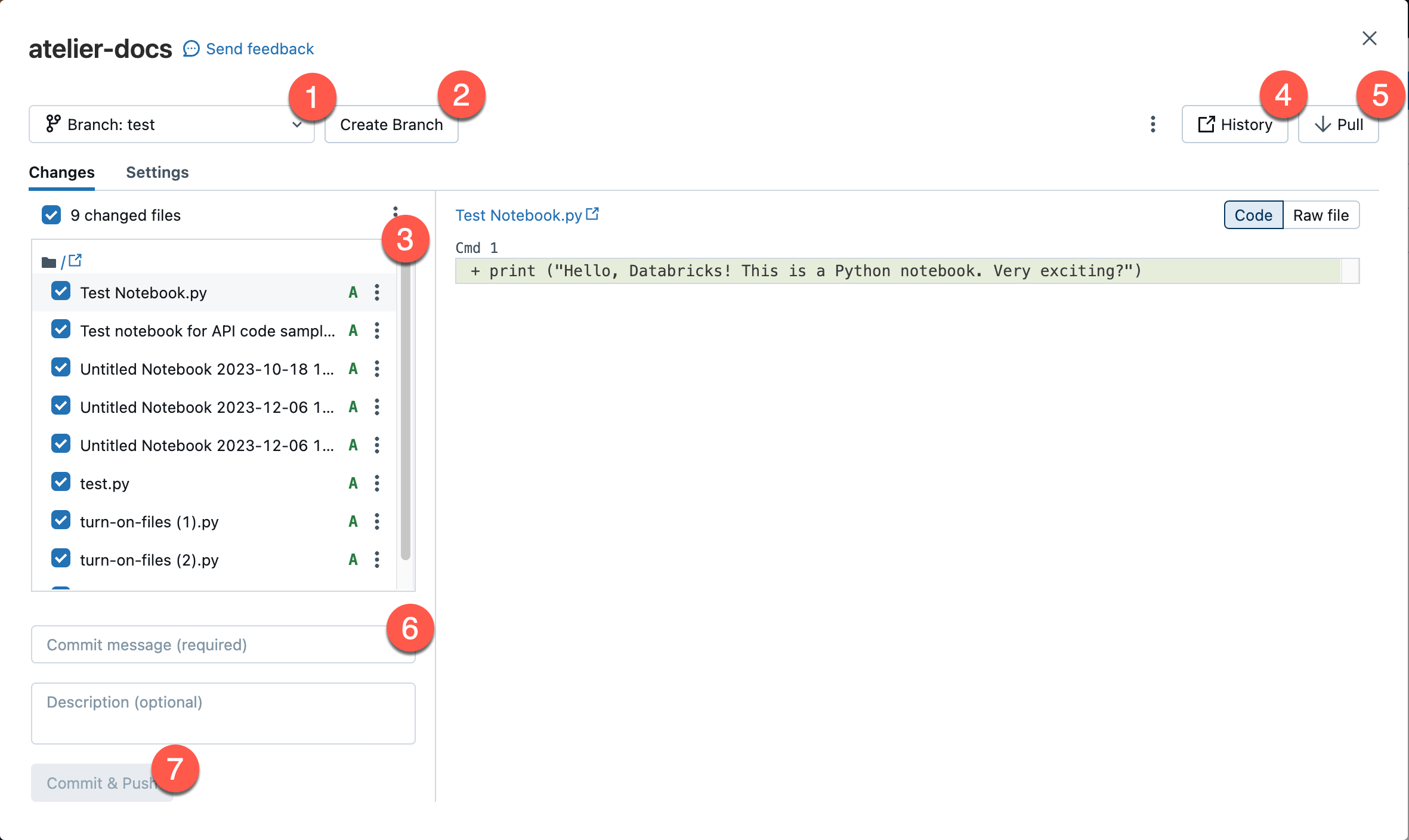 Databricks ワークスペースで Git 操作を実行するために使われるダイアログ。