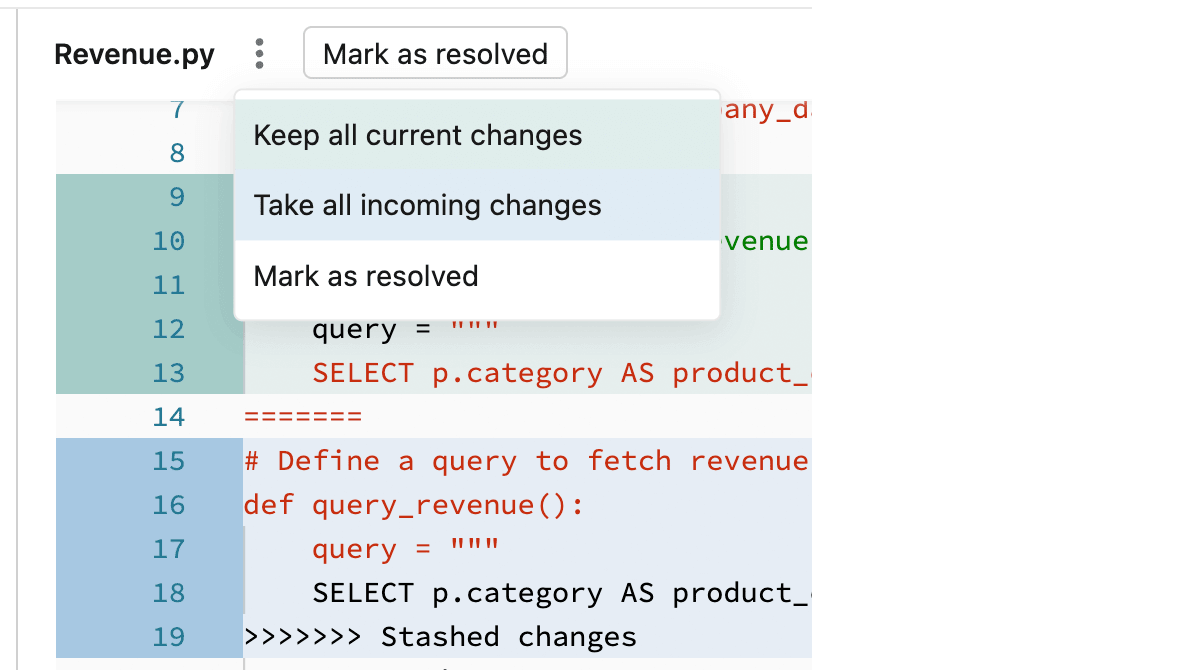 マージ競合解決のドロップダウン オプションが表示されている、Databricks ノートブック UI のペイン