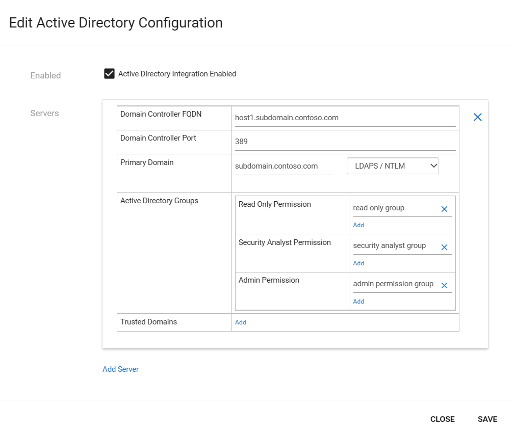 オンプレミス管理コンソールでの Active Directory 統合構成のスクリーンショット。