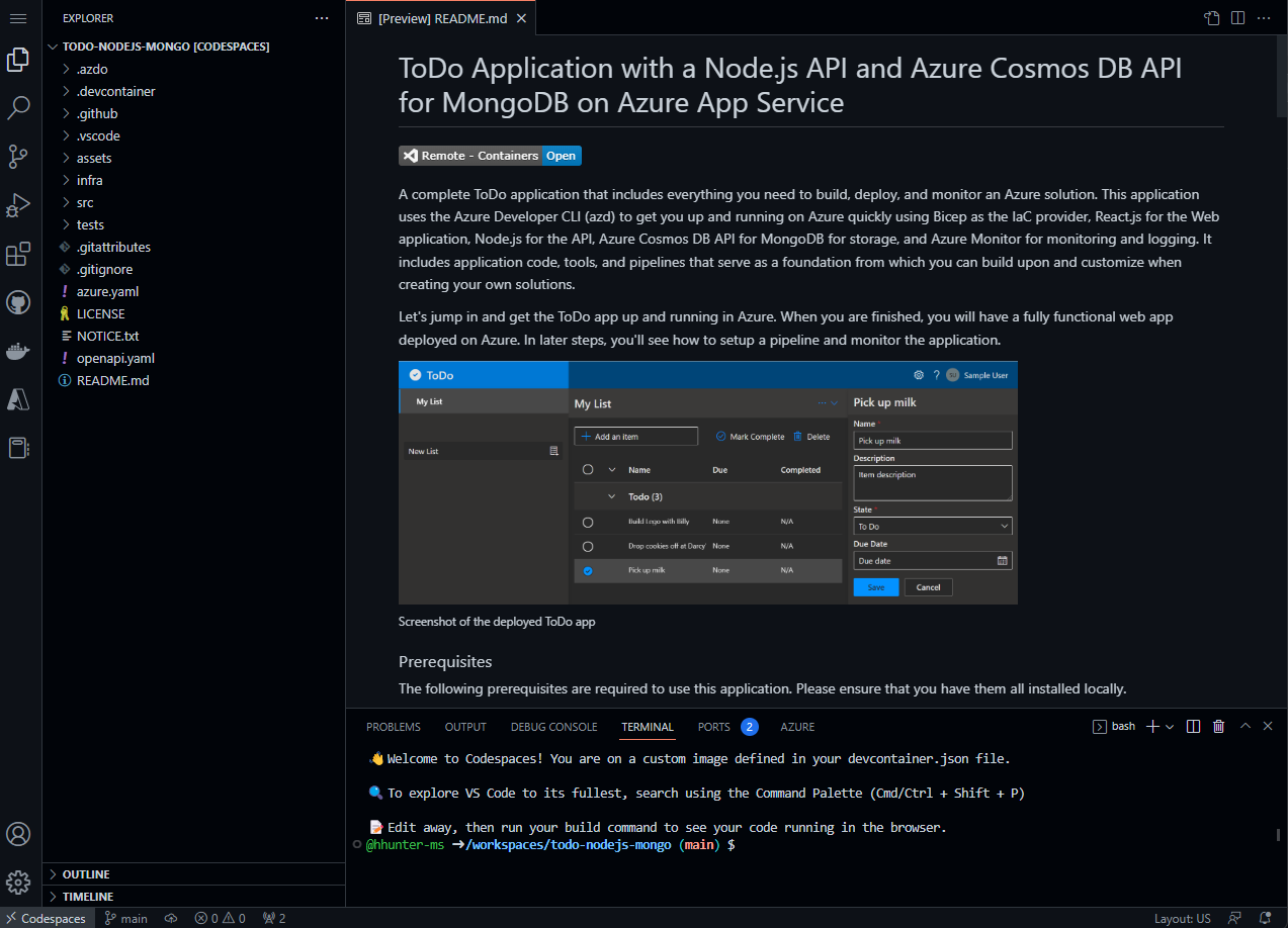 新しい Codespace の開始画面を示すスクリーンショット。