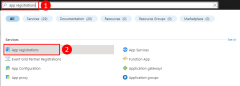Azure portal の上部の検索バーを使用して、[アプリの登録] ページを検索してそこに移動する方法を示すスクリーンショット。
