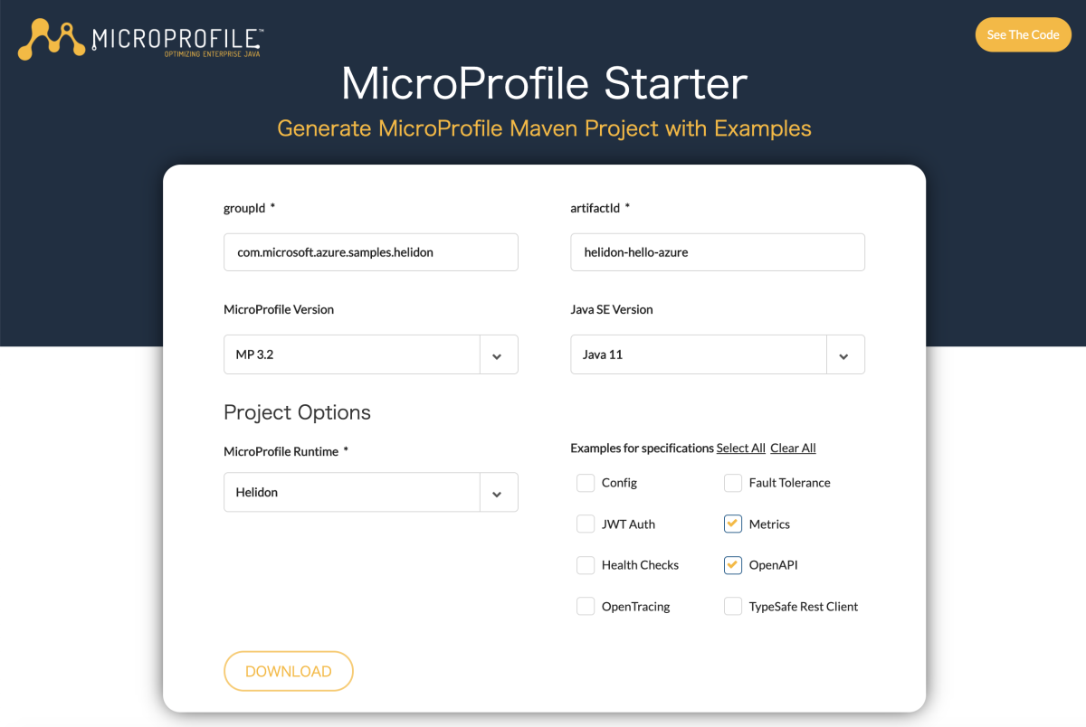 Helidon ランタイムが選択された MicroProfile Starter を示すスクリーンショット。