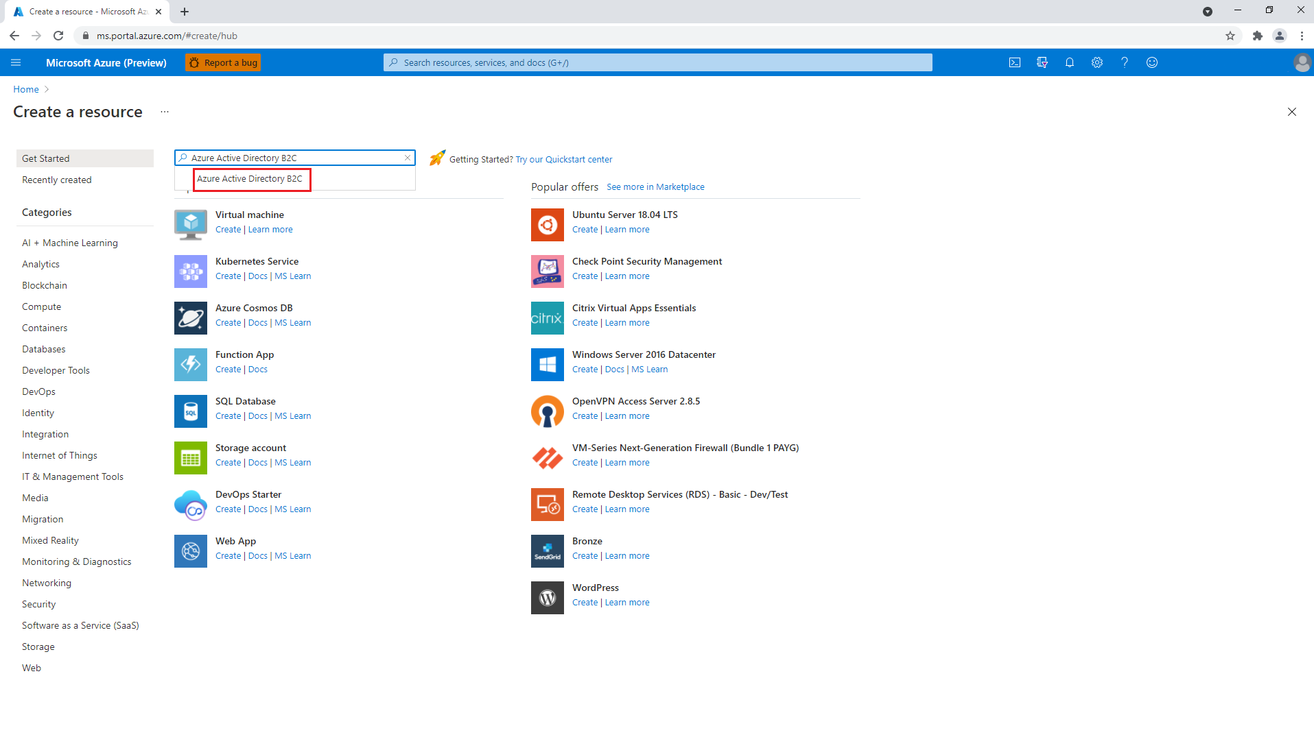 Azure portal を使用して新しい Azure Active Directory B2C インスタンスを作成する。