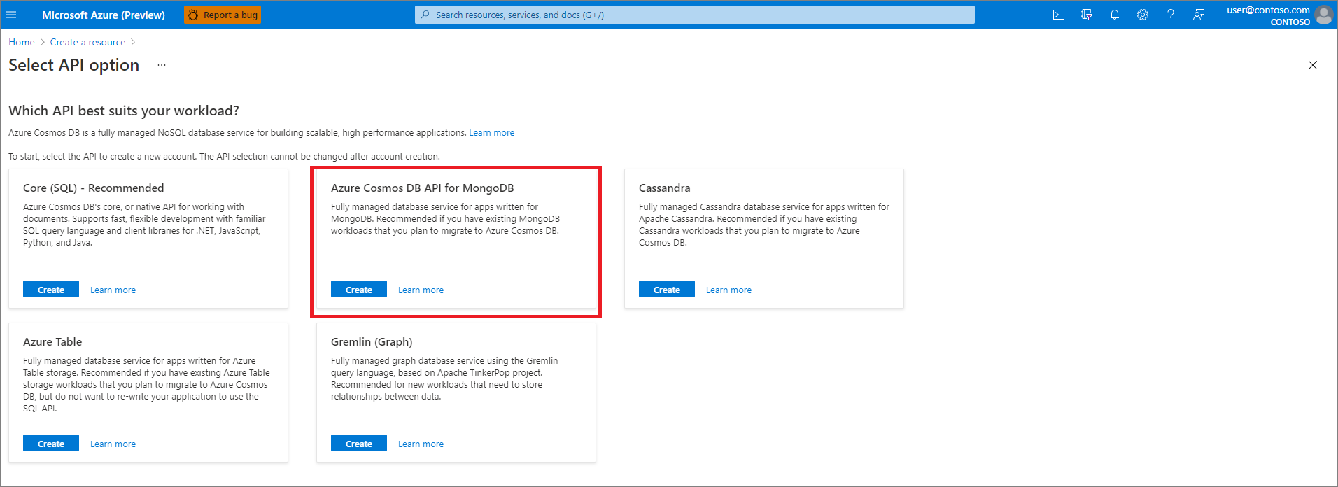 Azure portal、リソースの作成、API オプションの選択、Azure Cosmos DB for MongoDB が選択されています。