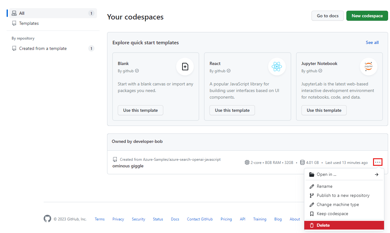 削除オプションがハイライトされた 1 つの codespace のコンテキスト メニューのスクリーンショット。