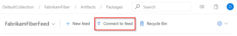 Azure DevOps Server 2019.1 でフィードに接続する方法を示すスクリーンショット。
