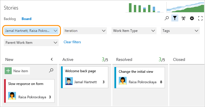 ボードのスクリーンショット、割り当てフィールドのフィルター、Azure DevOps Server 2019 および TFS 2018。