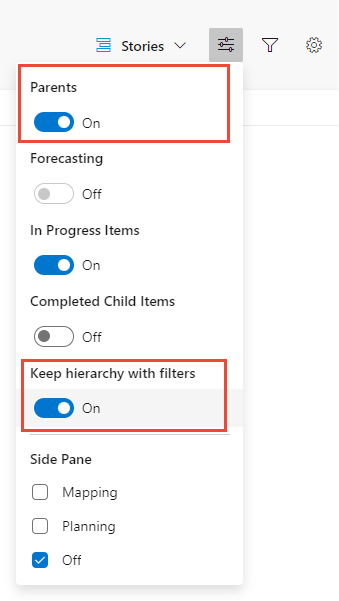 [表示オプション] メニューのスクリーンショット。[Keep hierarchy with filters] (フィルターで階層を維持する) がオンになっています。