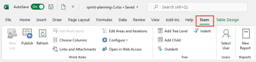 Excel と Azure DevOps/Office 統合の [チーム] リボンのスクリーンショット。