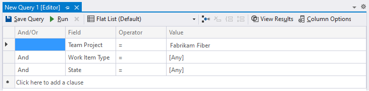 Visual Studio クエリ エディターのスクリーンショット (フラット リスト クエリ)。