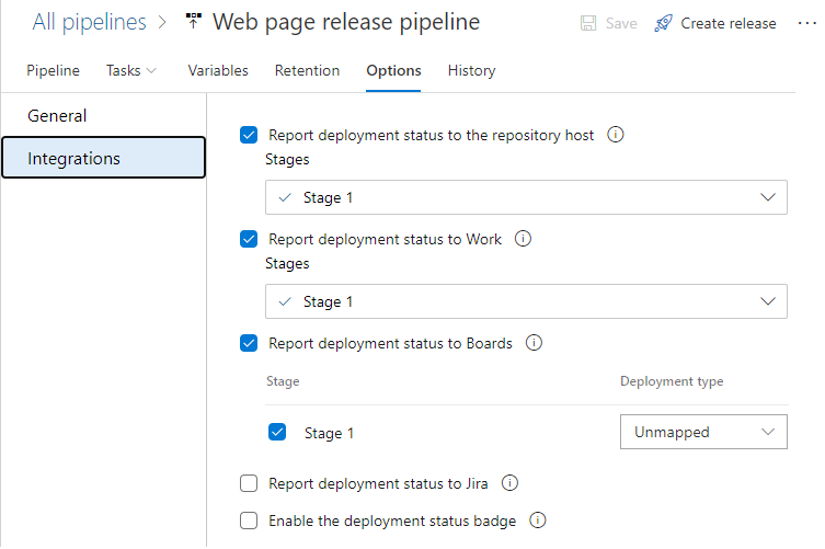 リリース パイプラインのオプション>Integrations 設定のスクリーンショット。