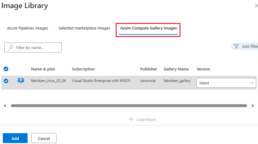 Azure Compute Gallery イメージのスクリーンショット。