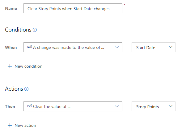 開始日が変更されたときにストーリー ポイントの値をクリアするカスタム ルールのスクリーンショット。