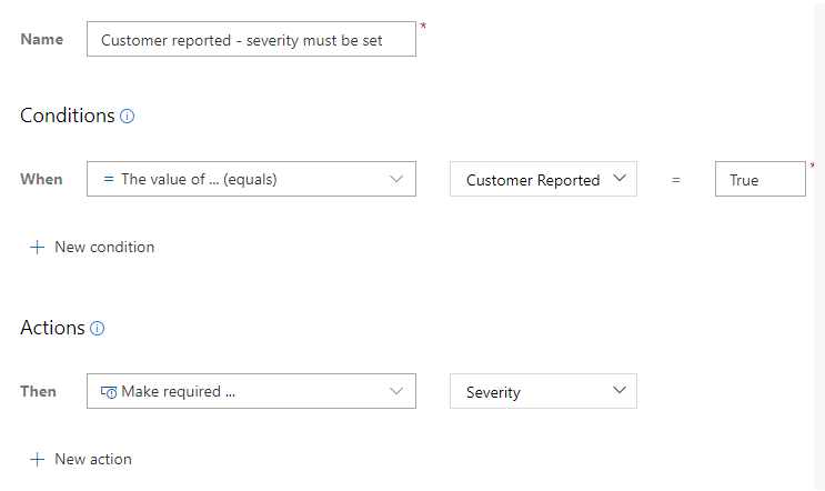 Customer REported field=true の場合に重大度を必須にするカスタム ルールのスクリーンショット。