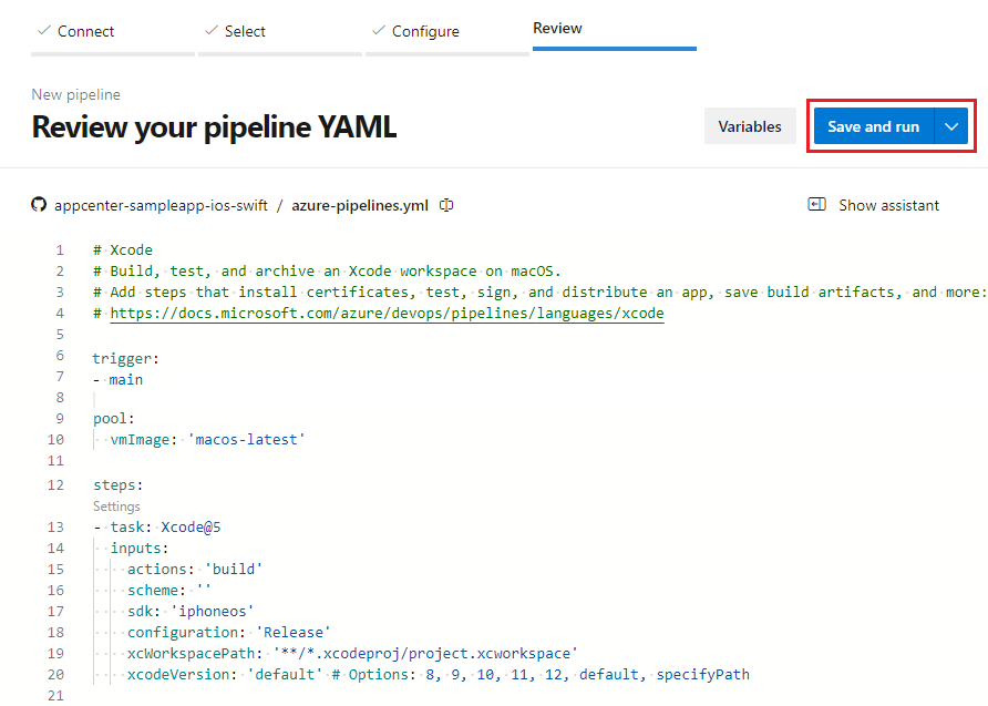 新しい YAML パイプラインの [保存して実行] ボタンを示すスクリーンショット。