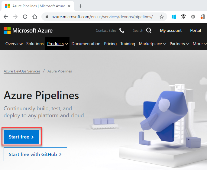 Azure Pipelines を無料で始めるページのスクリーンショット。