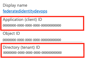 アプリ登録のクライアント ID とテナント ID を示すスクリーンショット。