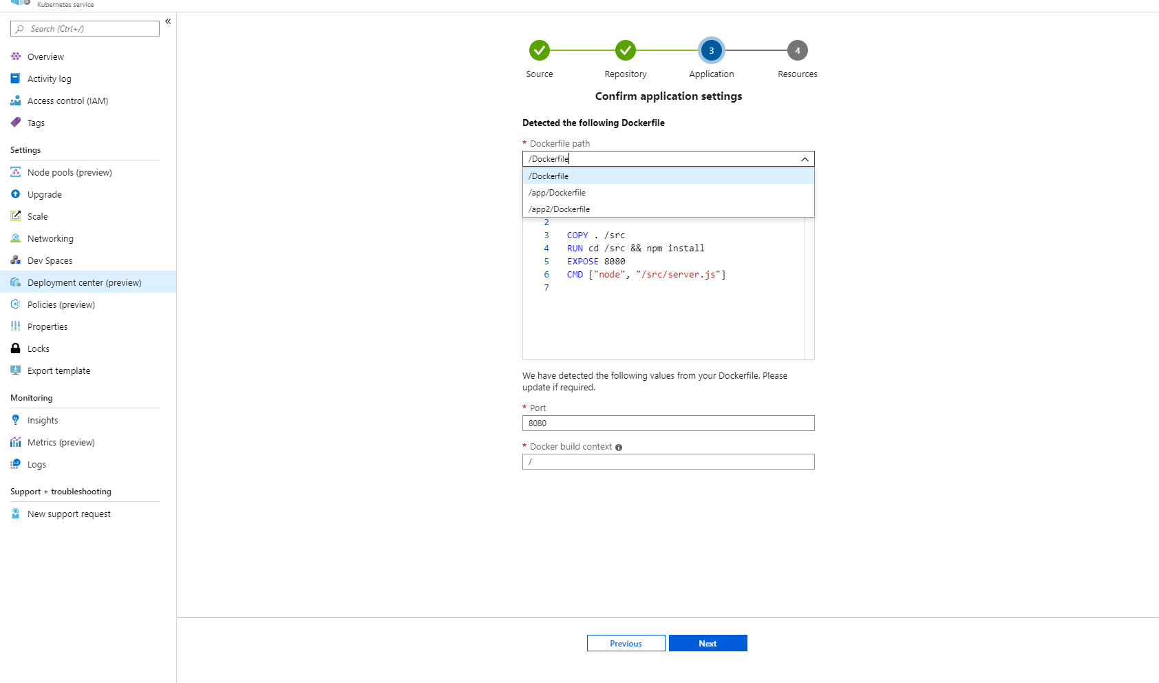 AKS および WebApp コンテナーのデプロイ センターで Dockerfile を選択します。