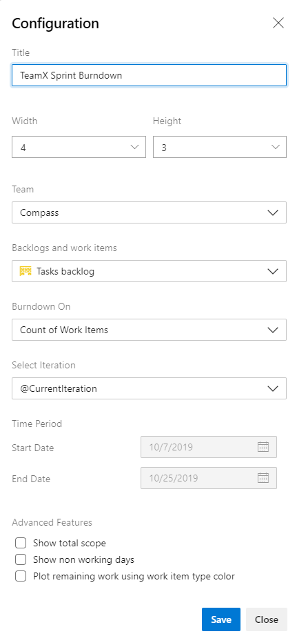 スクリーンショットは、[スプリント バーンダウン] ウィジェットの [構成] ダイアログを示しています。