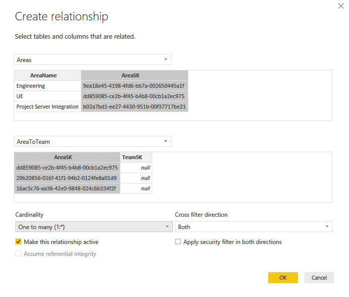 Power BI Desktop、ホーム、リレーションシップの管理、エリア、AreaToTeam マッピング