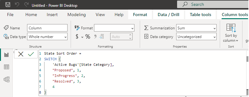 [Power BI テーブル ツール] タブの状態カテゴリ エントリのスクリーンショット。