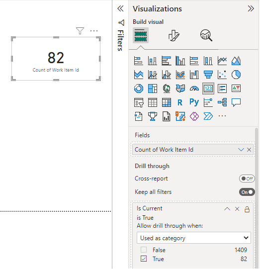 フィルター処理された Power BI レポート ページの作業項目 ID 数のスクリーンショット。